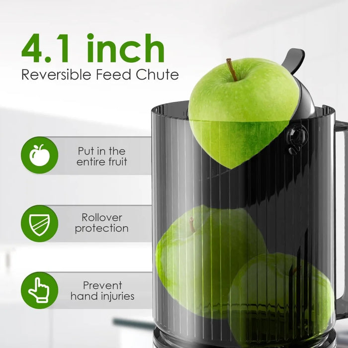 4.1 inch (104MM) slow speed cold press juicer with ultra wide feed chute, used for pure juicers of vegetables and fruits