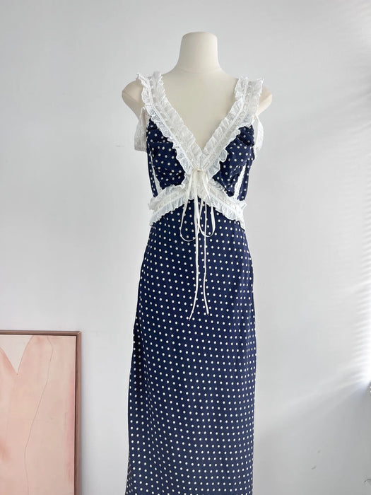 2024 Spring/Summer New Women's Wear Silk Polka Dot Embroidered Lace Lace Strap V-neck Dress 0420