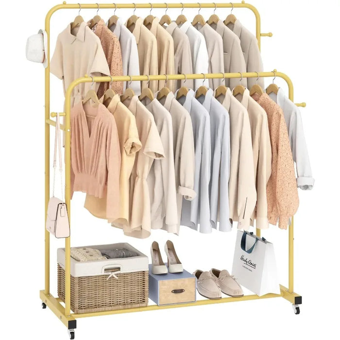 Double Rods Garment Rack with Wheels, Clothing Rack for Hanging Clothes,4 Hooks, Multi-functional Bedroom Clothes Rack