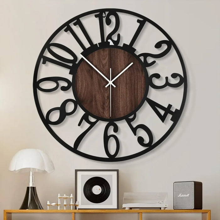 Large Wall Clock, Antique Silent Non Ticking Black Metal Wood Clocks for Living Room, Bedroom, Battery Operated Wall Clock Decor