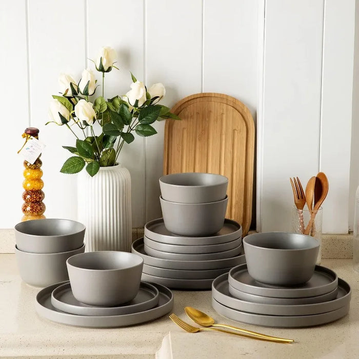 Ceramic Dinnerware Sets of 4, Modern Flat Stoneware Plates and Bowls Sets,Chip and Crack Resistant | Dishwasher & Microwave Safe