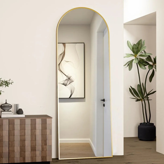 Full Length Mirror, 64"x21" Arch Mirror Floor Mirror with Stand, Gold Arched Full Body Standing or Leaning Mirror for Bedroom
