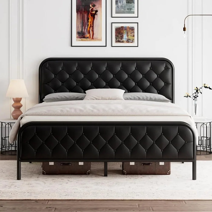 Queen Size Bed Frame, Heavy-Duty Metal Beds Frames Faux Leather Button Tufted Headboard, 12" Storage Space,Noise Free,Bed Frame