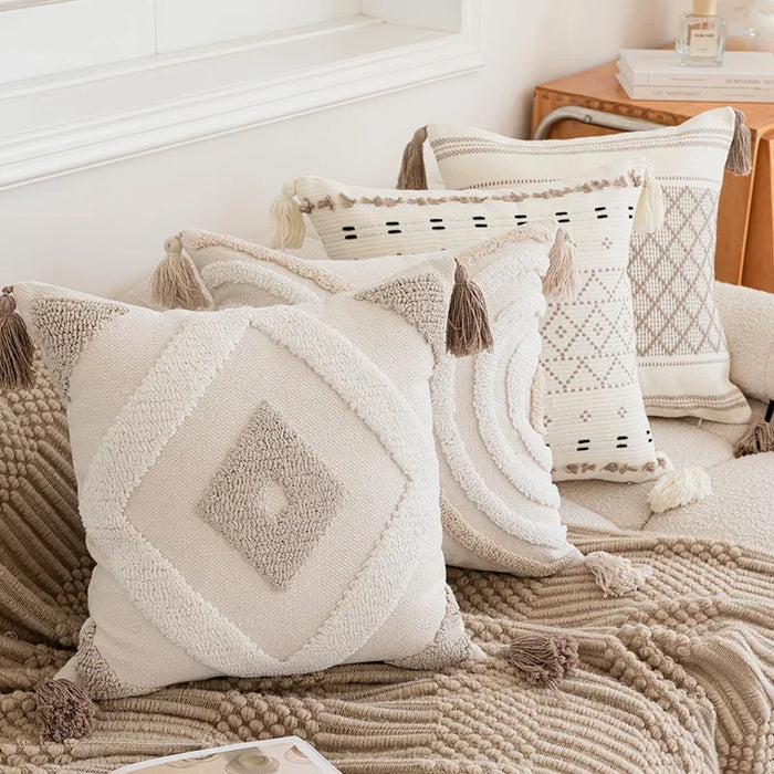 Beige Coffee Loop Tufted Cushion Cover Geometric Semicircle Embroidered Crocheted Throw Pillow Cover Decorative Pillows for Sofa