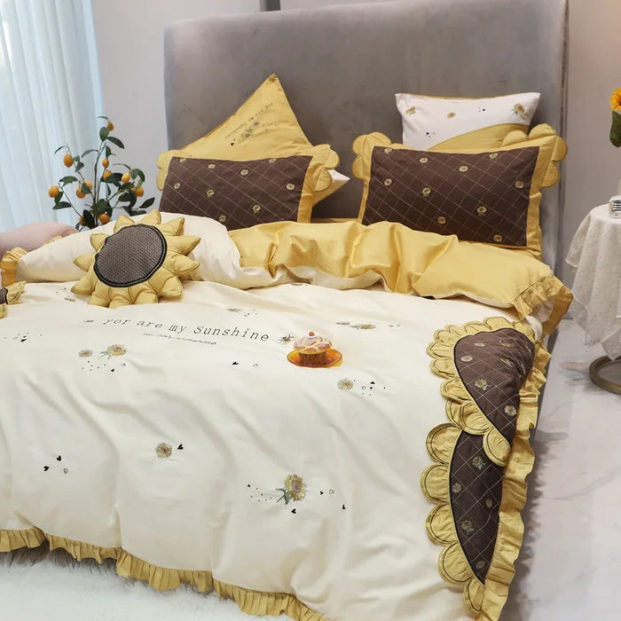 Yellow Sunflower Embroidered 60S Cotton White Luxury Bedding Sets DuvetCover Bed Sheets Bedding Queen Size King Comforter Sets