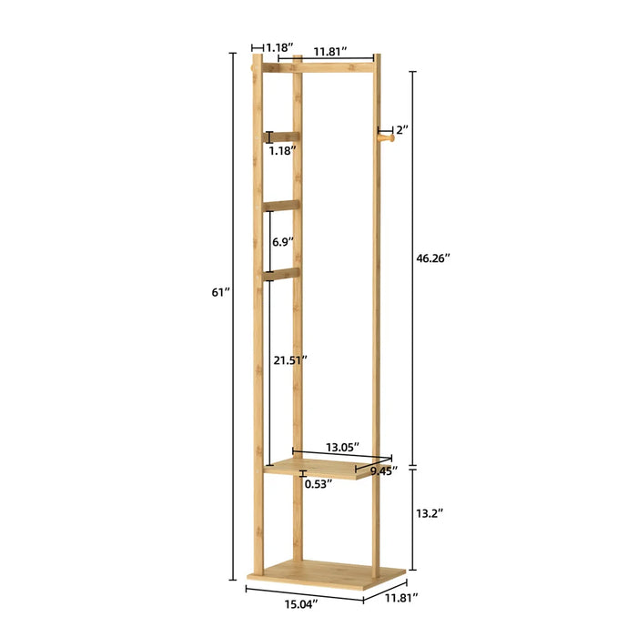 Coat Tree Solid Bamboo Freestanding Coat Rack with Storage Garments Corner Stand with Hooks for Home Bedroom