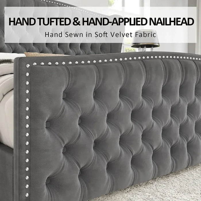 King Size Bed Frame, Velvet Upholstered Beds with Deep Button Tufted & Nailhead Trim Wingback Headboard, King Bed Frame