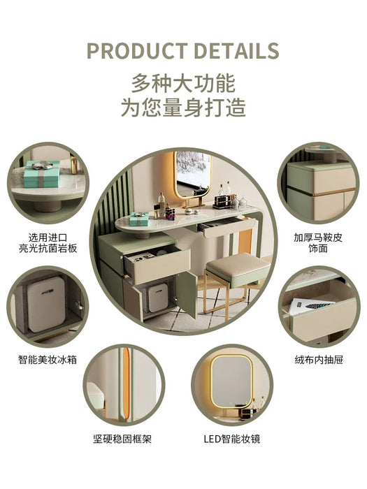 Saddle leather dresser storage cabinet, light and luxurious, modern and simple bedroom, rock plate makeup table