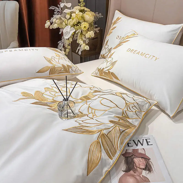 White Egypt Cotton Golden Embroidery Bedding Set Luxury 4pcs Solid Color Duvet Cover Bed Sheet Linen Pillowcases Home Textile