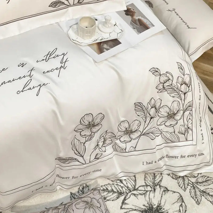 White Bedding Set 100%Cotton 4pcs Black Flower Embroidered Solid Duvet Cover Bedspread Fitted Sheet Pillow Shams Home Textile