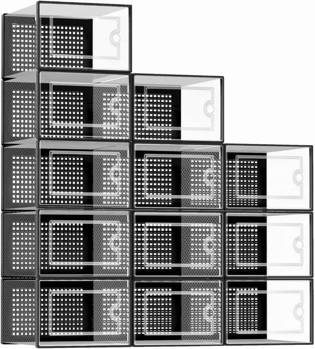 X-Large Shoe Organizers Storage Boxes for Closet 12 Pack, Clear Plastic Stackable Sneaker Containers Bins with Lids