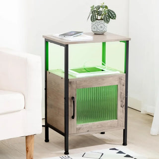Nightstand with Charging Station, LED Nightstand with Glass Door and Storage Shelf with USB Ports & Outlets,Small Bed Side Table