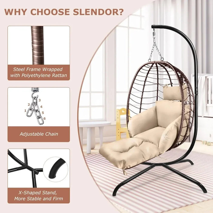 Wicker Hanging Swing Chair with Leg Rest and Stand, Indoor and Outdoor, Hammock Basket Chair, Furniture Egg, Free Shipping