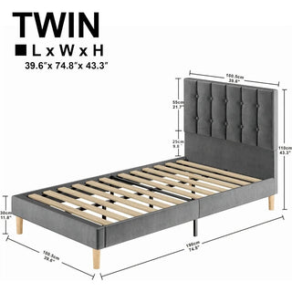 Twin Bed Frames, Velvet Upholstered Twin Platform Bed Frame with Headboard and Strong Wooden Slats, No Box Spring Needed