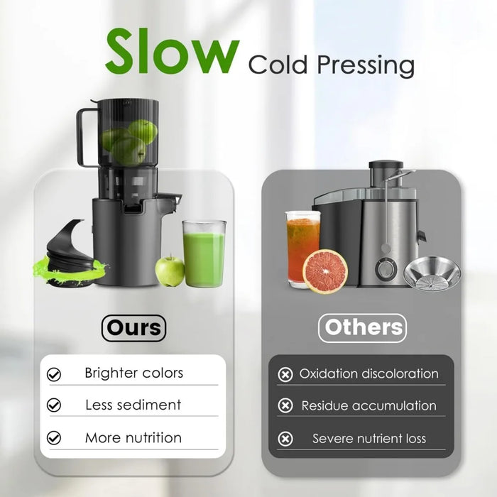 4.1 inch (104MM) slow speed cold press juicer with ultra wide feed chute, used for pure juicers of vegetables and fruits