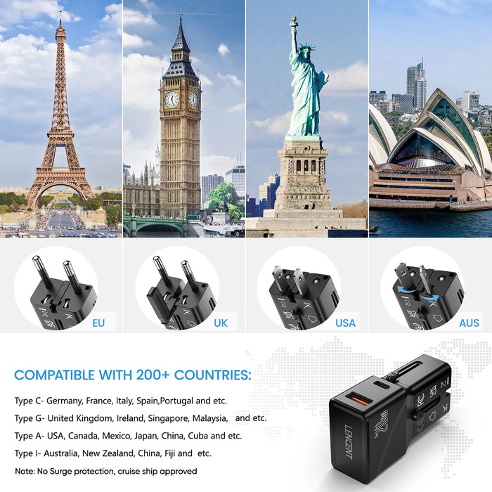 LENCENT International  Travel Adapter Power Adapter with1 USB QC 3.0 Port and 1 PD 20W Fast Charger for US EU UK AUS Travel