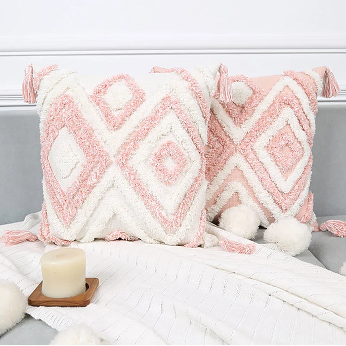 New Boho Pink Geometric Tufted Pillow Covers Decorative 30x100cm Rectangular Tassel Waist Pillowcase Bedroom Sofa Double Pillows