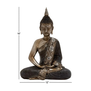 12" x 16" Brass Polystone Meditating Buddha Sculpture with Engraved Carvings and Relief Detailing