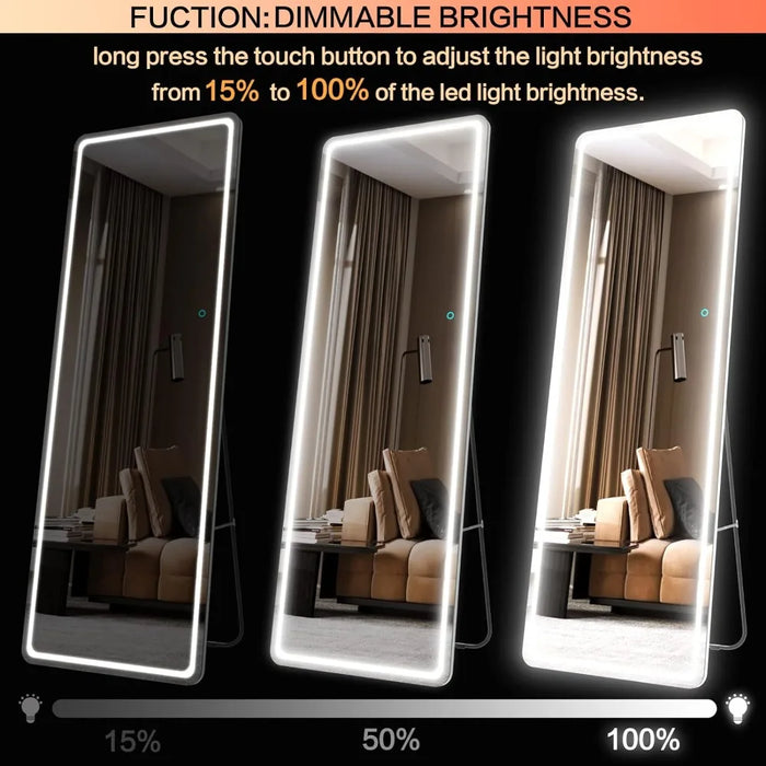 Full Length Floor Mirror LED Whole Body Mirror, Wall Mounted Hanging Mirror with Lights, Makeup Vanity Mirror& 3 Color Modes