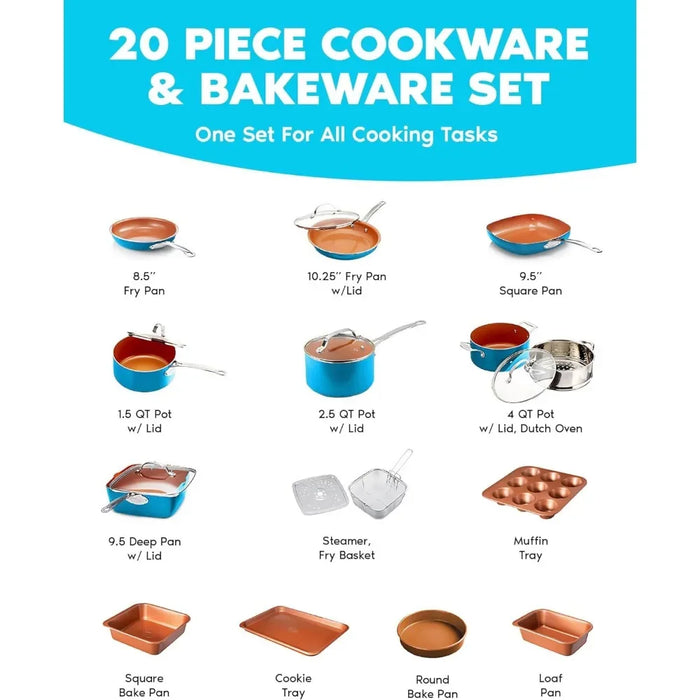 Cookware Set, 20 Piece Set of Copper Pot and Flat Bottomed Pot Non Stick Pot Set+full Set of Ceramic Baking Set for Kitchen Use