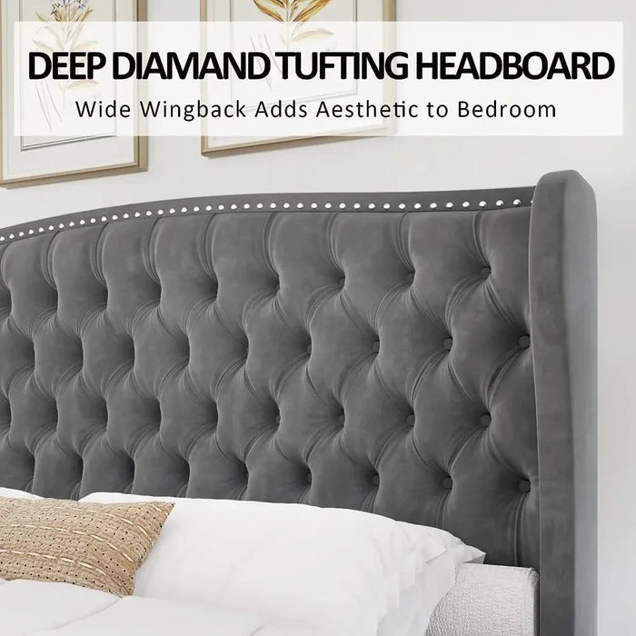 King Size Bed Frame, Velvet Upholstered Beds with Deep Button Tufted & Nailhead Trim Wingback Headboard, King Bed Frame