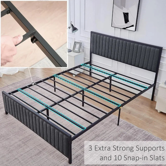 Queen Size Bed Frame, Upholstered Tufted Headboard and Footboard, Heavy Duty Steel Slatted Platform, No Box Spring Required