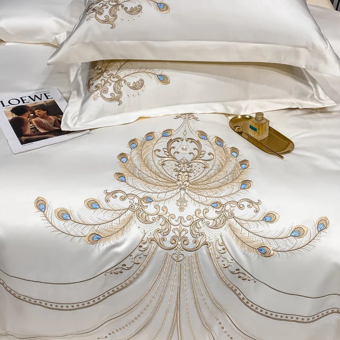 Nordic Bedding Set Luxury Gold Feather Embroidery 100 Egyptian Cotton Double Duvet Cover Bed Sheets and Pillowcases Bed Set