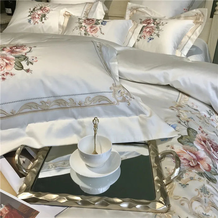 Svetanya 1000TC Egyptian Cotton Luxury Embroidery White Bedding Set Queen King Size Duvet Cover Bed Sheet Linens Set