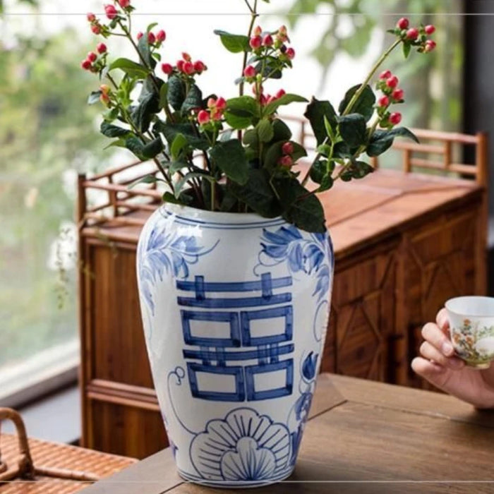 Blue and White Porcelain Vases Retro Flower Arrangement Happy Characters Imitation Antique Household Living Room Ceramic Vases