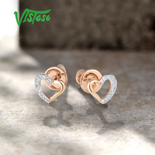 VISTOSO Pure 14K 585 Rose Gold Stud Earrings For Women Sparkling Diamonds lovely Heart Wedding Anniversary Delicate Fine Jewelry
