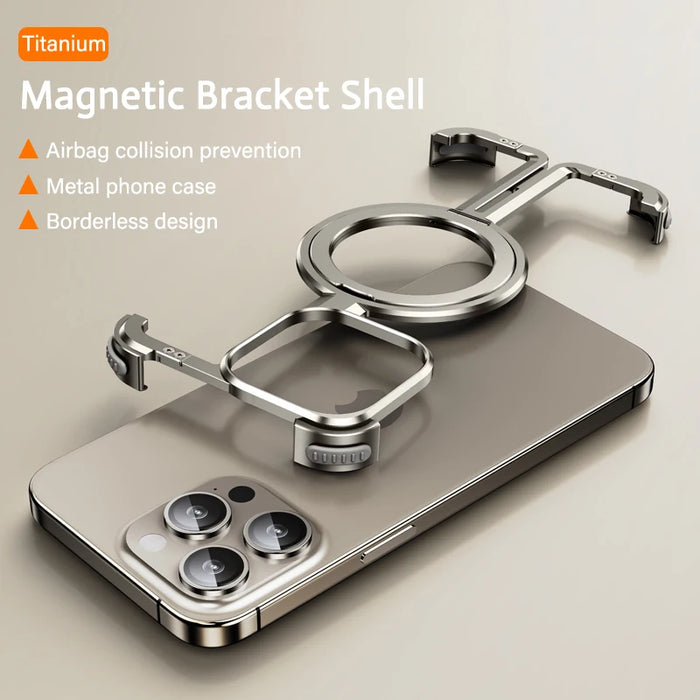 Luxury Magsafe Magnetic Metal Rimless Stand Phone Case For iPhone 15 14 12 13 Pro Max Plus Aluminum Alloy Shockproof Metal Cover