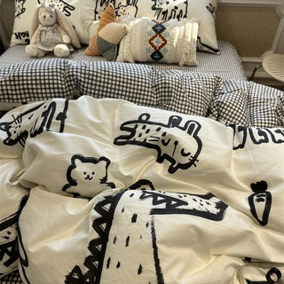 Ins Black and White Graffiti Crocodile Kitten Bed Pure Cotton Duvet Cover Bed Sheet