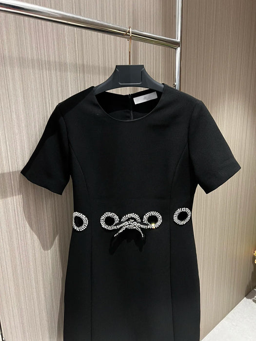 2024 Summer New Women's Wear Minimalist and slim fitting elegant hollowed out bow with diamond embellishments dress 0504