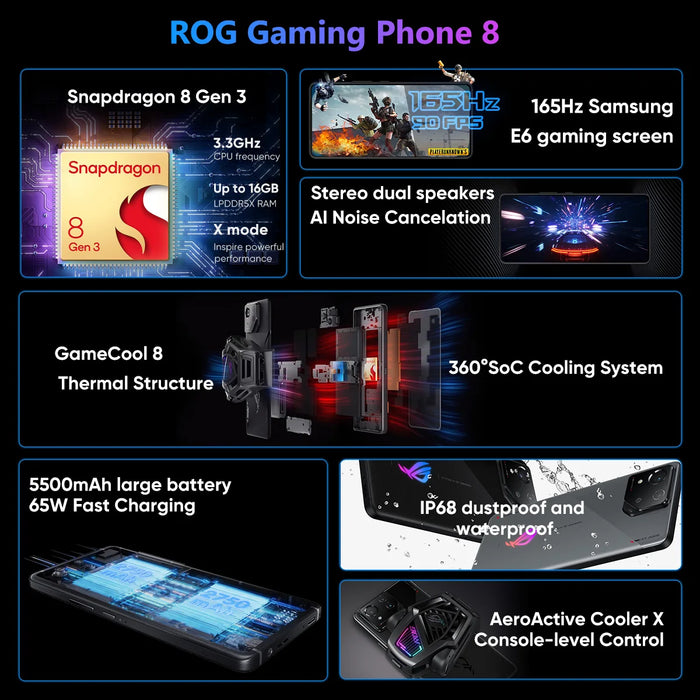 2024 New Arrival ASUS ROG 8 & 8 pro 5G Gaming Phone Snapdragon 8 Gen 3 6.78'' 165Hz AMOLED Screen 5500mAh 65W Fast Charge