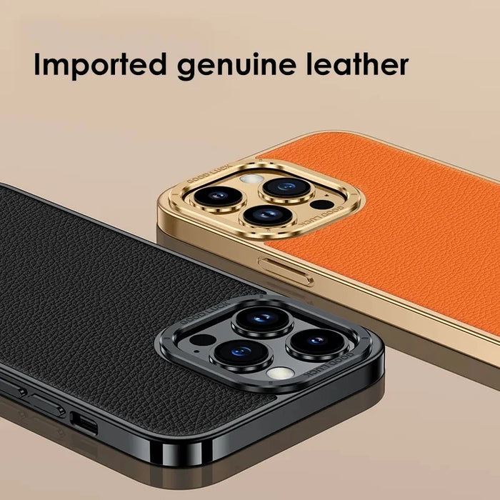 Luxury Genuine Leather Phone Case For Iphone 13 12 14 15 Pro Max Huawei Mate 50 Pro Plating Shell For Samsung S23 S22 Ultra Plus