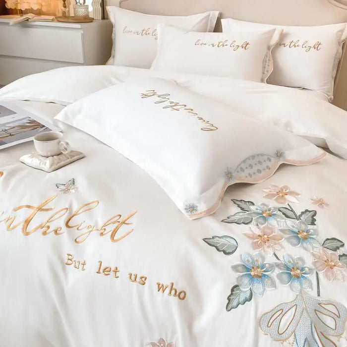 100% Cotton White Bedding Set Luxury Flowers Embroidered Duvet Cover Bed Sheet Pillowcases Solid Color Home Textile