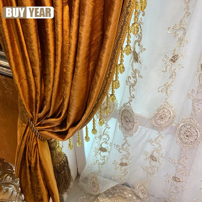 European style New Luxury Gold Velvet Blackout American Style High Grade Curtains for Living Dining room Bedroom Tulle Custom