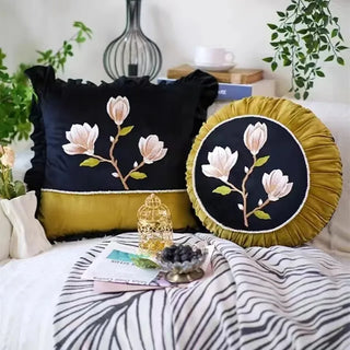 Luxury Velvet Cushion Cover Flower Embroidery Pillow Case Sofa Living Room Home Decor Chinese Style Retro Round Pillow