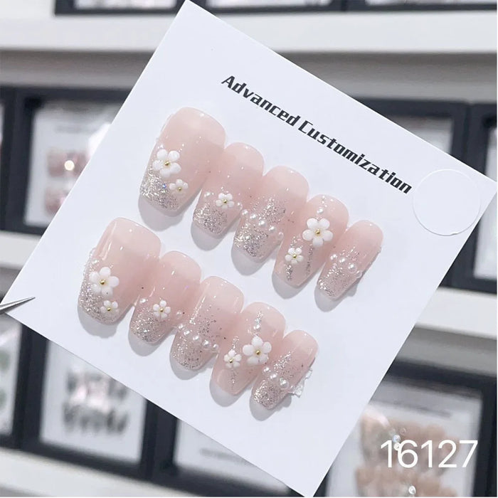 10 Pcs Hand Made Press On Nails Glitter Light Pink Design With Mermaid Tail Pearl Wearable Artificial Full Cover Fake Nail Tips