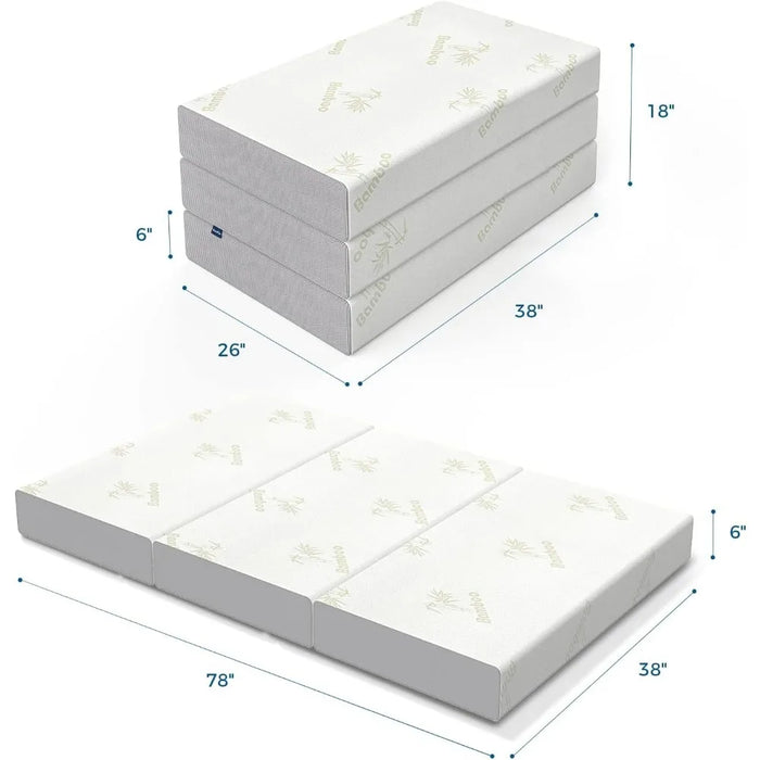 6 Inch Trifold Memory Foam Foldable Mattress with Ultra Soft Bamboo Cover, Non-Slip Bottom &  Breathable Mesh Sides, Twin