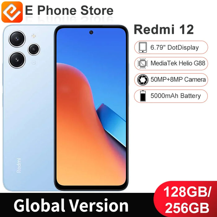 Global Version Redmi 12 128GB/256GB 6.79" 2460x1080 FHD+ DotDisplay MediaTek Helio G88 5000mAh Battery 50MP+8MP Camera (New)