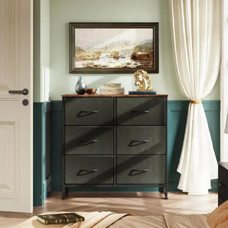 Dressing Cabinet, 6-drawer Double Dresser, Storage Tower with Fabric Storage Bin, Fabric Dresser for Bedroom