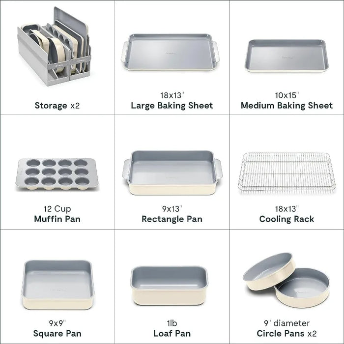 Caraway Nonstick Ceramic Bakeware Set (11 Pieces) - Baking Sheets, Assorted Baking Pans, Cooling Rack, & Storage- Cream