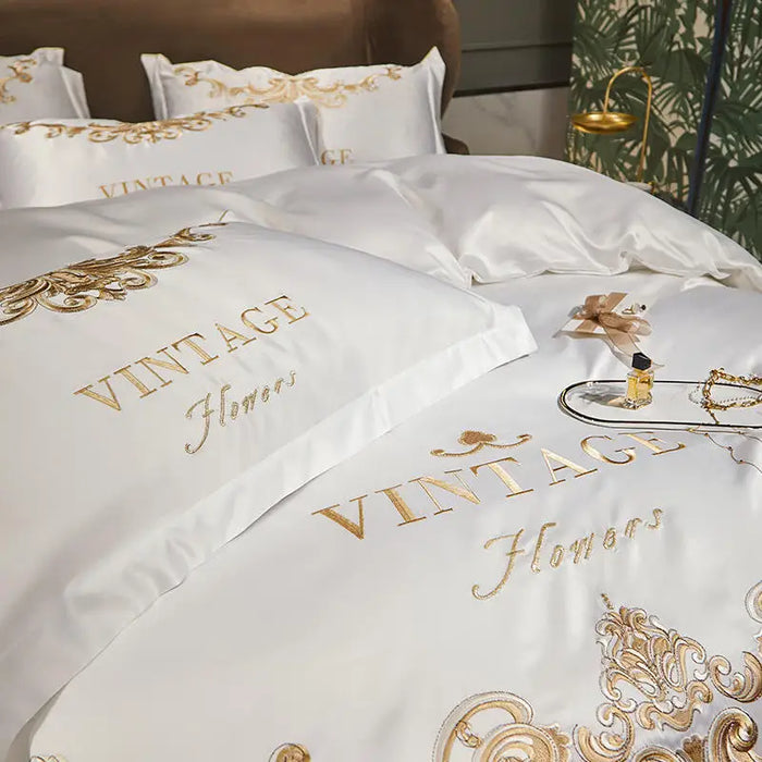 New White Satin Cotton Bedding Set Luxury Royal Gold Embroidery Duvet Cover Bed Sheet Pillowcases Solid Color Bedclothes