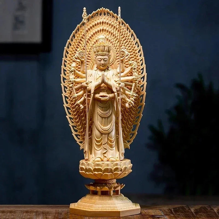 Creative Wood Carving Sculpture Large Lotus Thousand Hands Avalokitesvara Bodhisattva Carved Buddha Statue Household Decoration