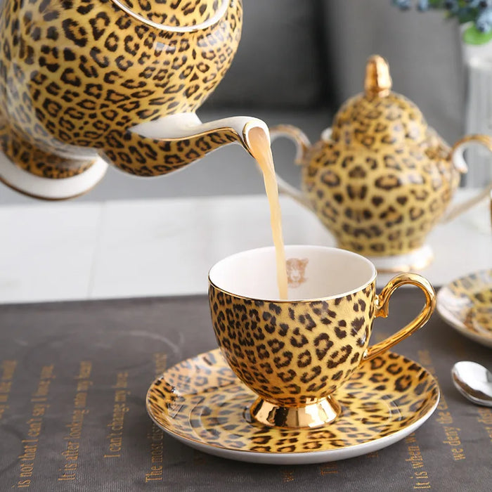 Leopard Print Bone China Coffee Set Luxury Porcelain Tea Set Pot Cup Ceramic Mug Sugar Bowl Creamer Teapot Drinkware Coffeeware