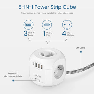 LENCENT Power Strip Cube with  4 AC Outlets 3 USB Port 1 Type C 3M Braided Cabe Multi Socket Power Adapter with Switch for Home