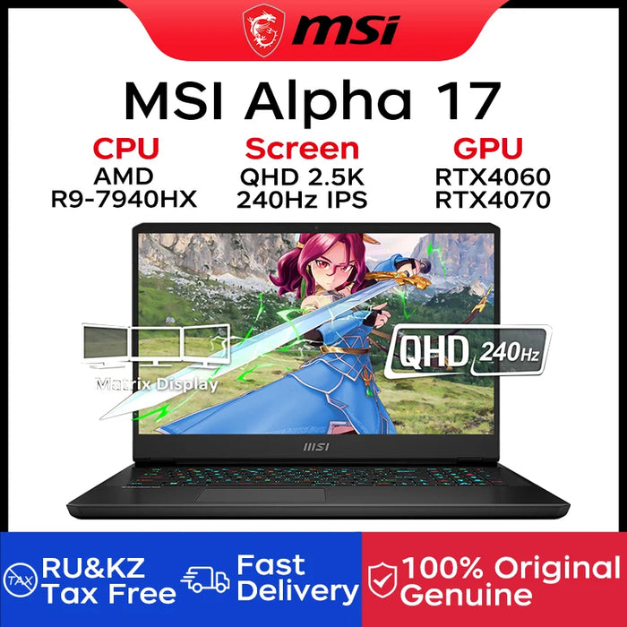 MSI Alpha 17 Gaming Laptop 17.3 Inch QHD 2.5K 240Hz IPS Screen Notebook AMD Ryzen R9-7940HX 16GB 1TB RTX4060 Gaming Computer PC