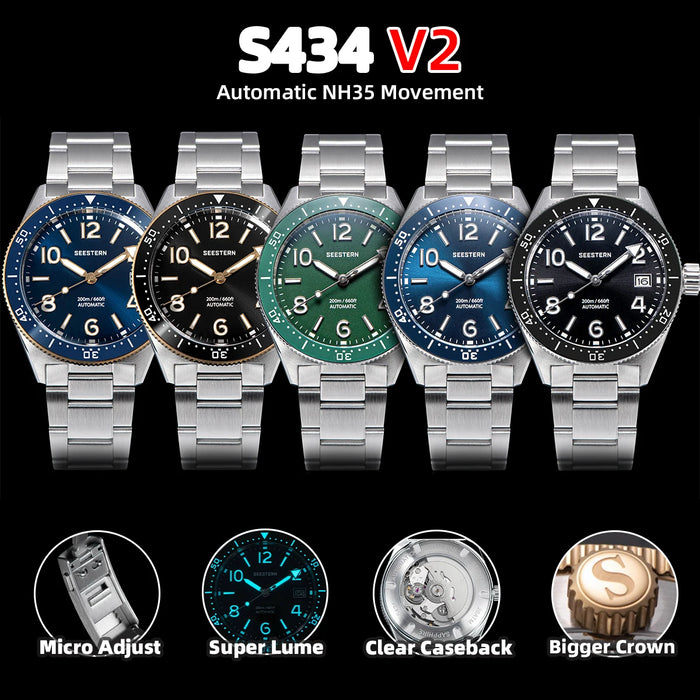 SEESTERN Diver Men Watch Automatic Mechanical Wristwatches NH35 Movement Ceramic Bezel 20Bar Waterproof Sapphire Luminou S434 V2