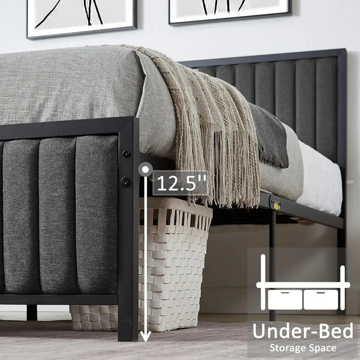 Queen Size Bed Frame, Upholstered Tufted Headboard and Footboard, Heavy Duty Steel Slatted Platform, No Box Spring Required